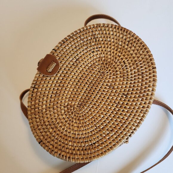 Woven Rattan Round Crossbody Bag With Leather Strap & Floral Lining - Picture 5 of 11